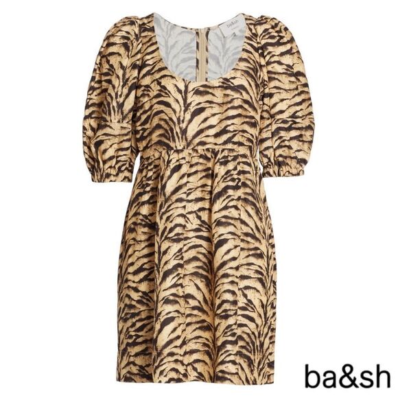 BA&SH **NWT** Zola Puff-sleeve Linen-blend Tiger Print Mini Dress - Picture 13 of 14